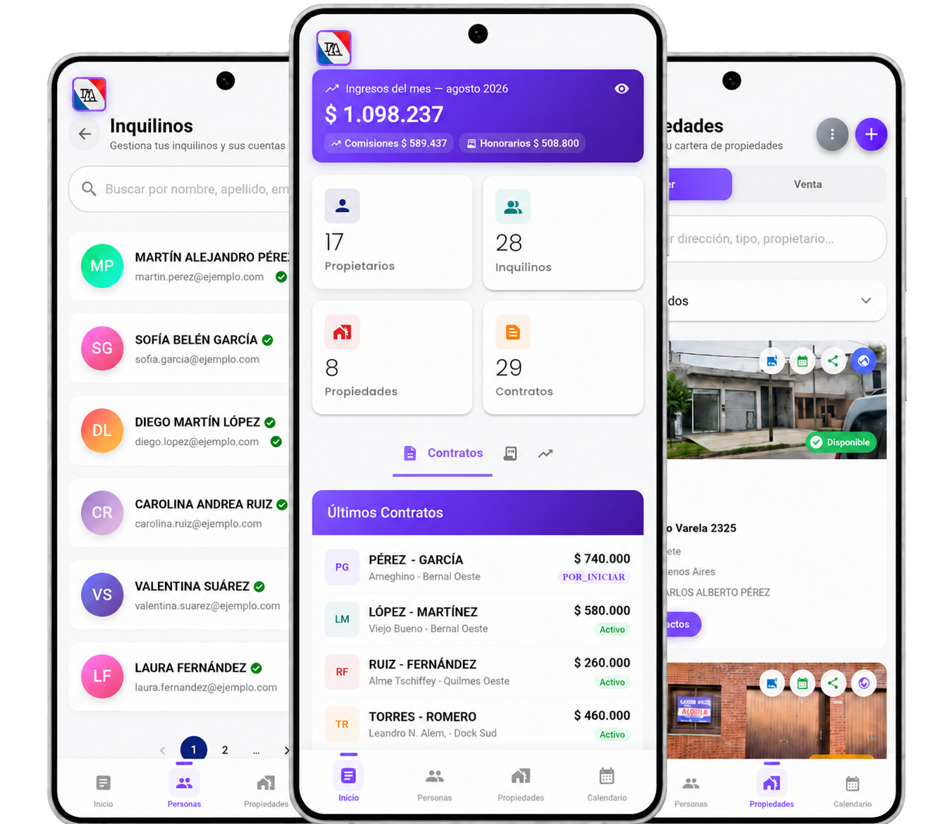 Tuinmo en tres teléfonos sin fondo, con datos ficticios